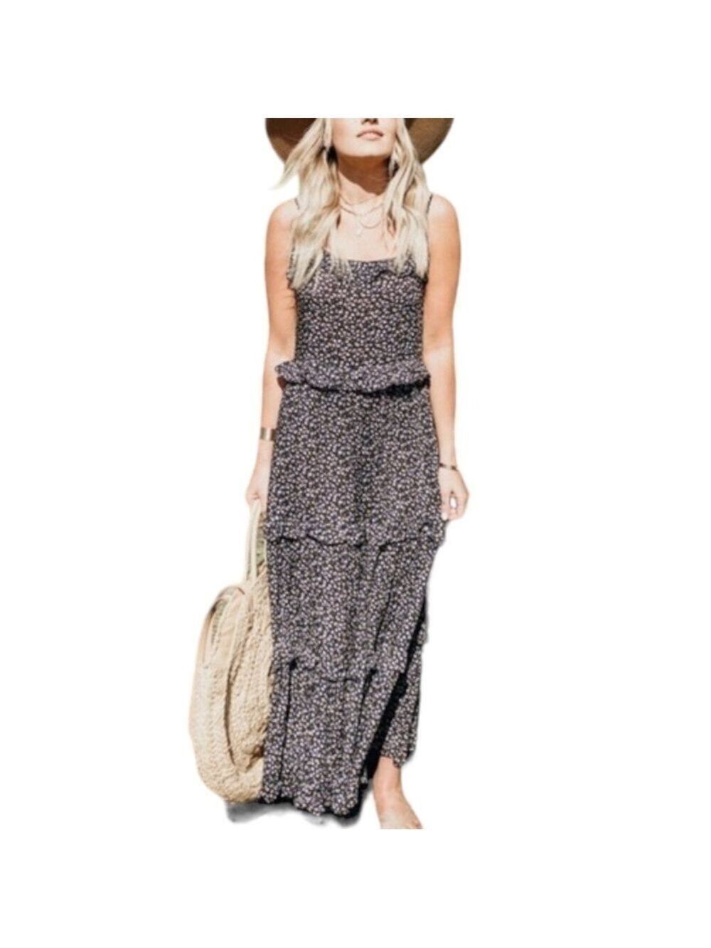 Calista Vineyard Floral Ruffle Tiered Spaghetti Strap Flowy Boho Maxi Dress